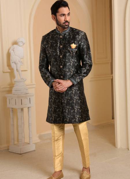 Black Heavy Jacquard Silk Digital Print Wedding Wear Indo Western Mens Collection 9250